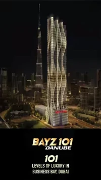Bayz 101 tower in Business Bay, Dubai with the iconic Burj Khalifa in the background